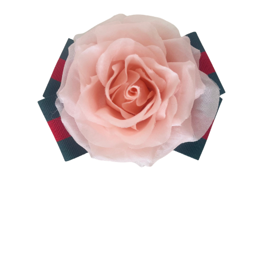 Pink fabric rose hair clip with striped ribbon