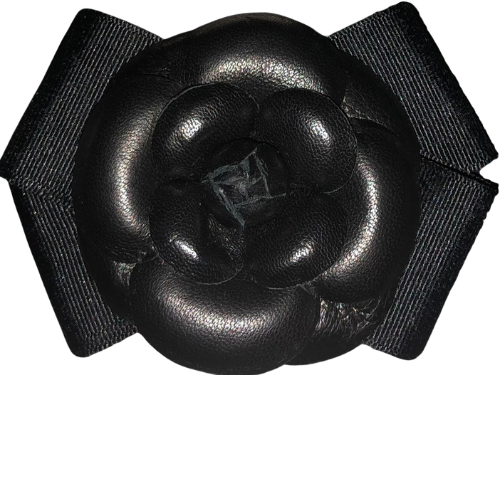 Black leather camellia brooch with ribbon