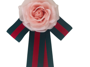 pink fabric rose brooch with green red ribbon