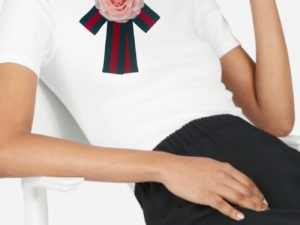 White shirt with pink rose and striped ribbon