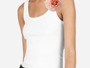 Person wearing white tank top with rose