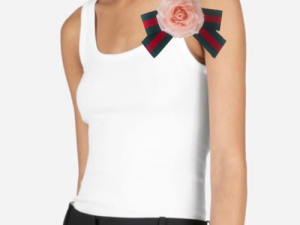 White tank top with pink rose ribbon brooch